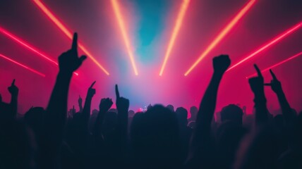The image captures a lively concert scene with vibrant laser lights and a crowd silhouetted, celebrating and dancing energetically.