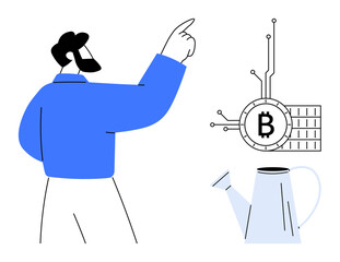 A person in a blue shirt points at a Bitcoin icon connected to digital circuits. A white watering can is positioned below. Ideal for technology finance cryptocurrency blockchain digital growth