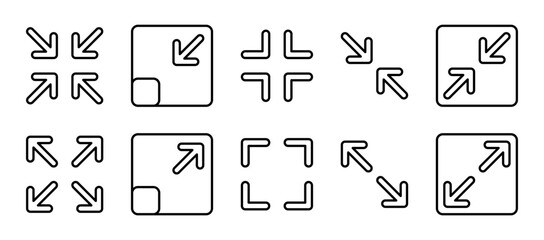 Minimize and maximize icon set icon rally compact size icon small large scale arrow. Full screen, expand, reduce, small screen. Shrink enlarge icons resize in arrows. Vector illustration