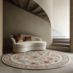 An elegant circular rug featuring intricate floral motifs in muted colors, enhancing the ambiance of a peaceful room