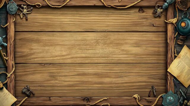 A wooden background with rope borders and nautical objects