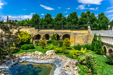 Exterior of the ruins of oldest mosque in Azerbaijan c.743 and renovated new mosque in Shemakhi (Shemakha) city as seen in August 2024.