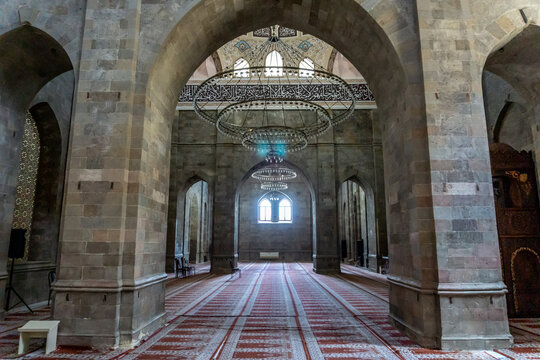 Interior of the oldest mosque in Azerbaijan c.743 recently renovated in Shemakhi (Shemakha) city as seen in August 2024.