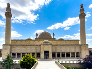 Exterior of the ruins of oldest mosque in Azerbaijan c.743 and renovated new mosque in Shemakhi...