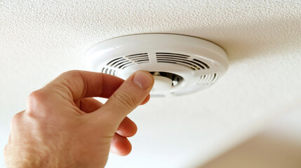 A close-up of a hand pressing the test button on a ceiling-mounted smoke detector, ensuring its working properly. The focus is on safety and preparedness in the home.