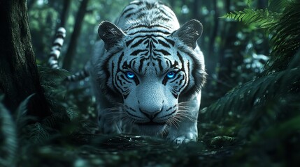 Naklejka premium 3D White Tiger with Piercing Blue Eyes Standing in a Mystical Jungle for Powerful Wildlife Decor