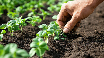 A close-up of a hand spreading organic fertilizer over the soil, the green plants nearby indicating healthy growth. The rich, natural material symbolizes sustainable farming methods.