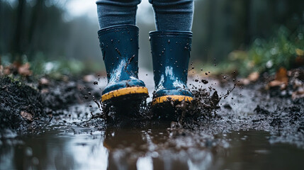 A close-up of a pair of rubber rain boots splashing through a muddy puddle, showcasing the playful side of a rainy day outdoors.