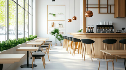 Obraz premium 内装で温かみのあるカフェまたはレストランの内装