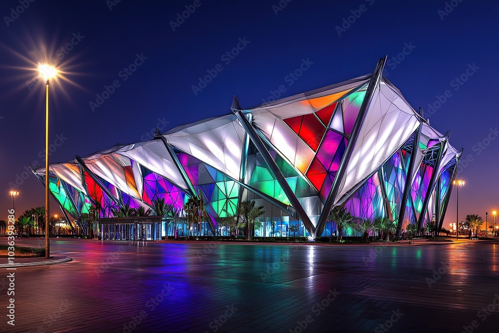 Poster a futuristic and colorful stadium exterior at night, featuring an angular roof with triangular struc