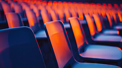 Fototapeta premium A close-up of a section of empty stadium chairs, their plastic surfaces gleaming under the bright stadium lights. The empty seats await the return of the crowds energy.