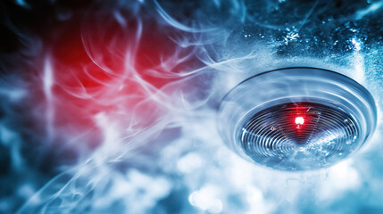 A close-up of a smoke detector with a red flashing light, indicating active monitoring. The image captures the crucial role of early detection in preventing fire accidents.