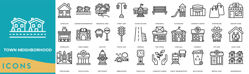 Obraz premium Town Neighborhood icon. House, Suburban Neighborhood, Residential Area, Street Lamp and School Building