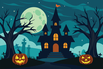 Fototapeta premium halloween background with hunted house and trees - Generative AI
