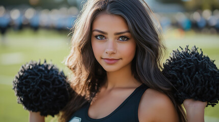 Cheerleader posing confidently, pom-poms up, football field background