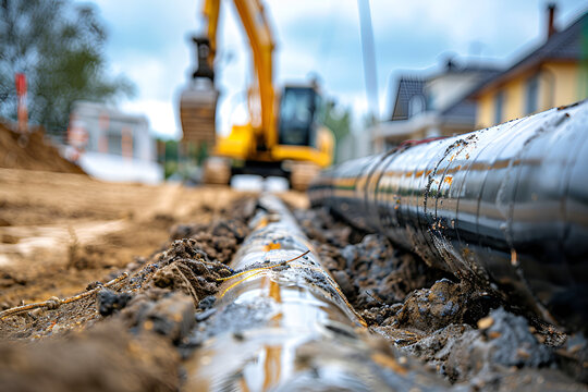 Close-up of a construction site with underground water pipes and coastal concrete pipes for new private houses, long cables in the ground, Generative AI