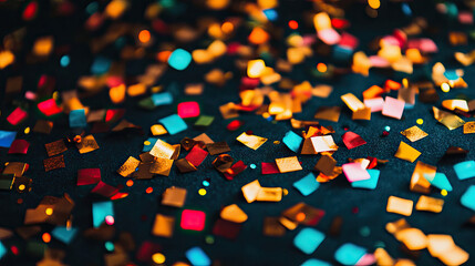 Obraz premium A close-up of colorful plastic confetti scattered across a party table, reflecting celebration and festive events with vibrant energy --chaos
