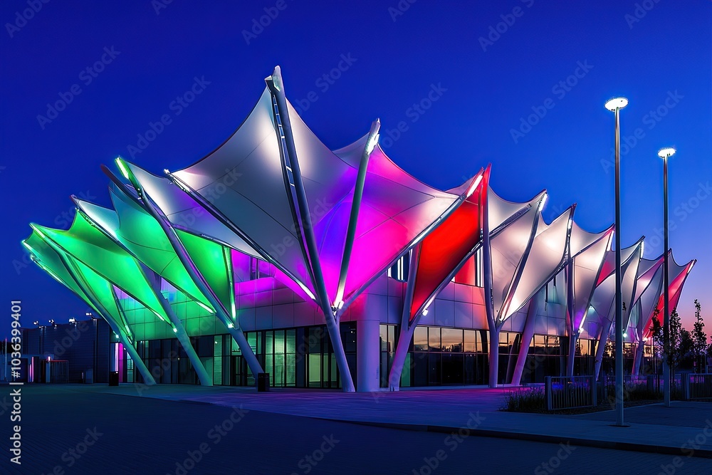 Poster a futuristic and colorful stadium exterior at night, featuring an angular roof with triangular struc