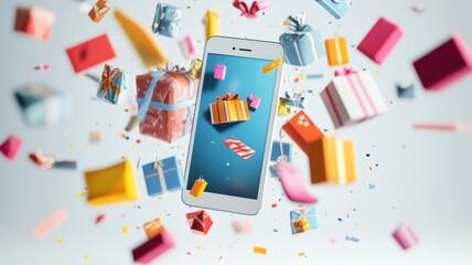 Abstract 3D model of a smartphone with exploding icons of shopping,Christmas day in winter season,gifts and christmas tree,santa,happy new year,discounts and digital payment solutions,pastel theme.
