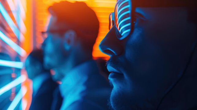 A Close-up Shot of a Group of professionals in a vibrant, abstract office environment