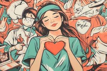 Illustrated nurse holding a heart shape, symbolizing compassion and care in a vibrant, expressive comic style.