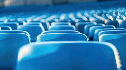 Naklejka premium A close-up of empty plastic stadium chairs, the rows fading into the distance. The smooth, clean surface of the chairs reflects the quietness before the excitement of the game.