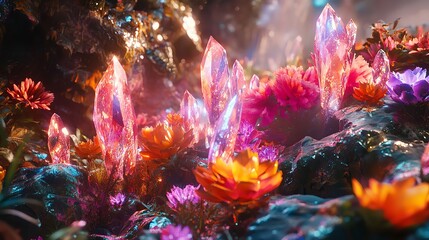 Futuristic Flowerbed with Glowing Flowers in a Vibrant Pastel Colored Garden Scene