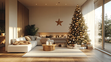 christmas, season, holiday, living room, snow, forest, christmas decoration, christmas tree, fir tree, decoration, ornament, stylish, modern, cool, luxury, night view, sunset, candle, fireplace, inter