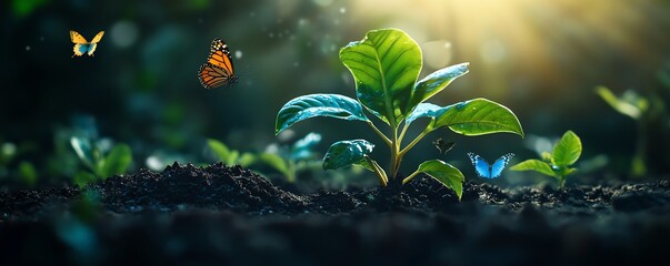 Closeup of a large, unique plant with vibrant leaves, planted in dark, fertile soil, butterflies fluttering delicately, morning light casting soft rays over a peaceful garden