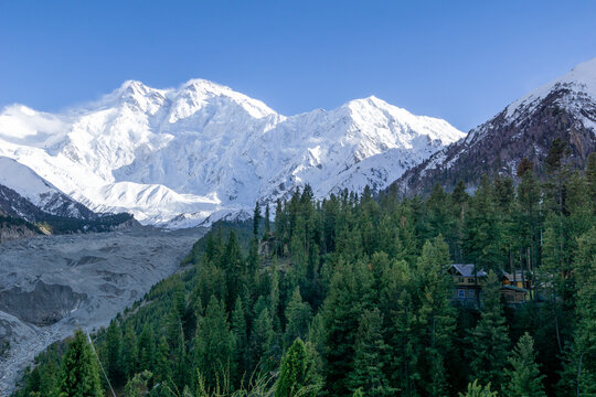 View of Nanga Parbat from nearest lodge at Fairy Meadows. Nanga Parbat, meaning "naked mountain" in Urdu and locally called Diamer, or "King of the Mountains," 