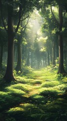 Naklejka premium 12. An enchanted forest with towering trees, dappled sunlight, and a carpet of moss