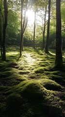 Obraz premium 12. An enchanted forest with towering trees, dappled sunlight, and a carpet of moss