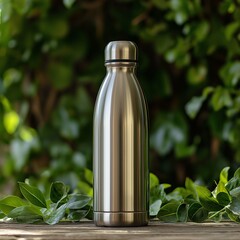 Extremely sharp details with crisp edges of A reusable stainless steel water bottle on a wooden table, with a background of green leaves.