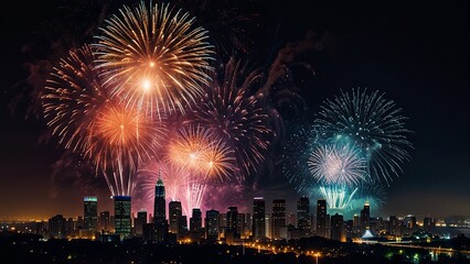 Naklejka premium Vibrant Night Skyline with Colorful Fireworks Display
