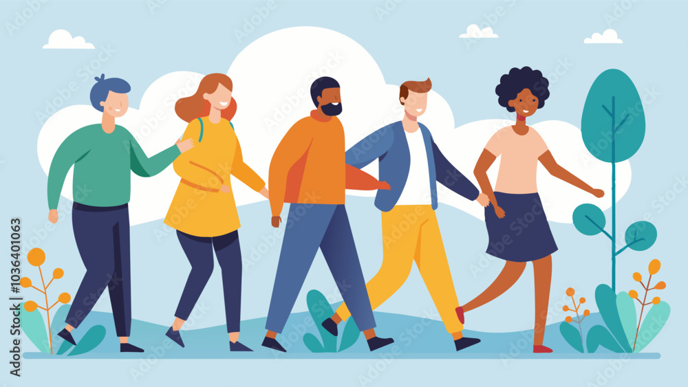 Poster strangers becoming friends through a shared experience of a mindful walk creating bonds within the c