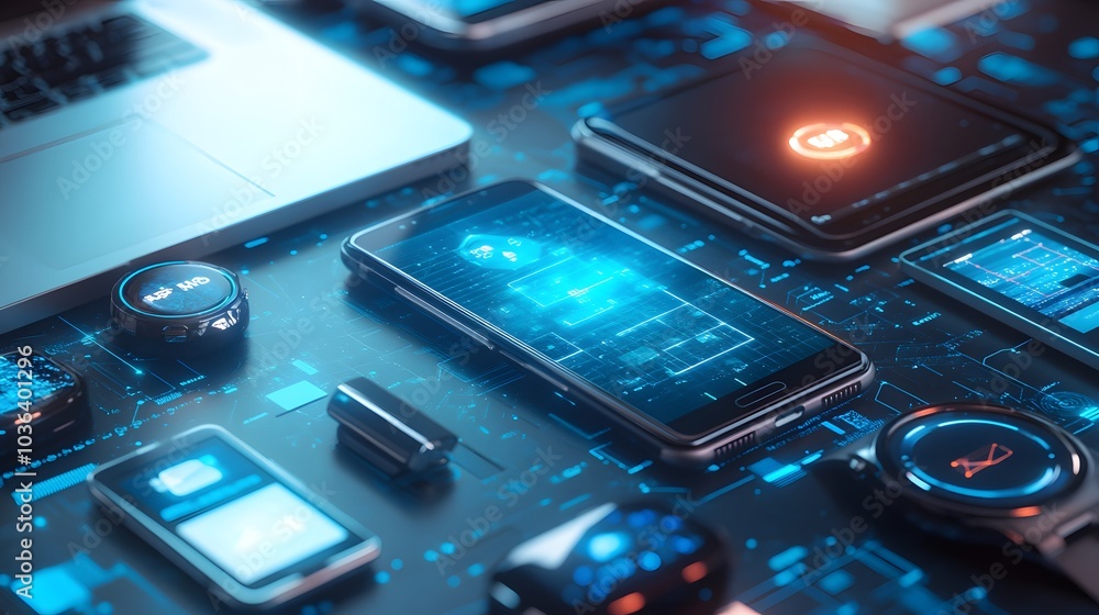 Poster tech devices connected to each other by mobile phone.