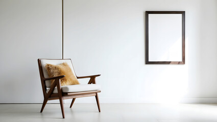 Minimalist interior with wooden armchair, white cushion, fur pillow, and empty picture frame on white wall