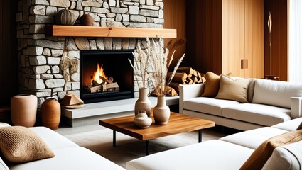 Cozy modern living room, stone fireplace with burning fire, white sectional sofa, wooden coffee table, natural textures, earthy tones, dried pampas grass, ceramic vases, warm lighting, minimalist deco