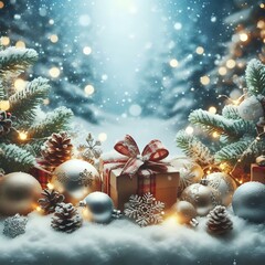 Festive Christmas Scene with Santa Hat and Ornaments in Snow