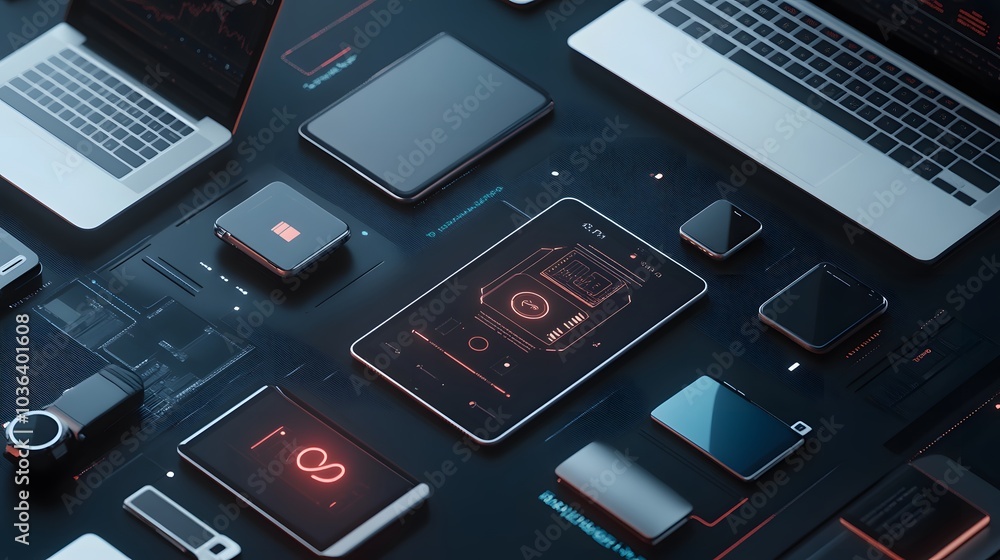 Poster tech devices connected to each other by mobile phone.