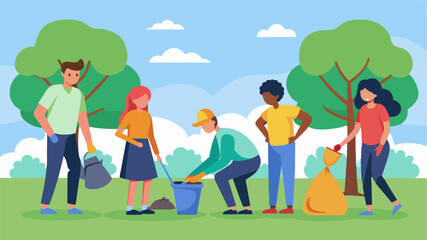 Fototapeta premium Regular park visitors were pleasantly surprised to see the cleanup effort and joined in to help creating a sense of camaraderie a strangers.. Vector illustration