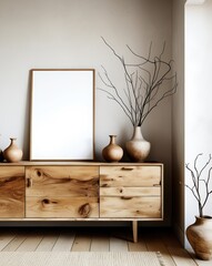 Minimalist interior design, wooden sideboard, blank framed poster, earthy tones, ceramic vases, dried branches, natural materials, Scandinavian style, light wood flooring, textured wall, neutral color