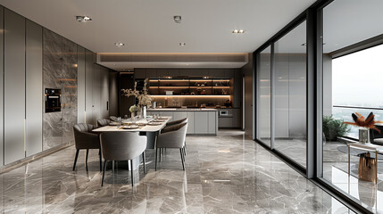  Elegant dining area with stylish grey marble floor and wall decor