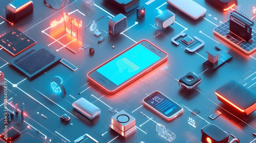Poster tech devices connected to each other by mobile phone.