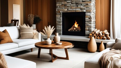 Cozy modern living room, stone fireplace with burning fire, white sectional sofa, wooden coffee table, natural textures, earthy tones, dried pampas grass, ceramic vases, warm lighting, minimalist deco