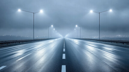 Obraz premium A deserted highway, softly lit by overhead streetlights, creates a calm atmosphere under a cloudy sky. The road's reflective surface gleams under the subtle light, suggesting a peaceful evening.