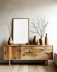 Minimalist interior design, wooden sideboard, blank framed poster, earthy tones, ceramic vases, dried branches, natural materials, Scandinavian style, light wood flooring, textured wall, neutral color