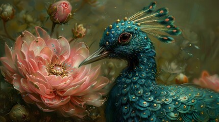 Obraz premium Peacock and Rose: A Dreamlike Encounter