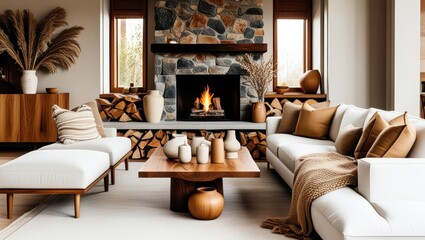 Cozy modern living room, stone fireplace with burning fire, white sectional sofa, wooden coffee table, natural textures, earthy tones, dried pampas grass, ceramic vases, warm lighting, minimalist deco