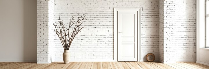 Minimalist interior, bright sunlit room, white brick walls, wooden floor, bare tree in vase, large blank canvas, empty space, modern design, clean aesthetics, natural light, shadows, simplicity, zen a